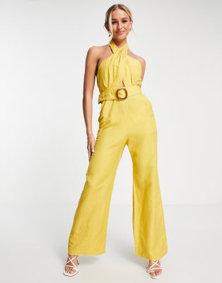 Forever New cross neck belted jumpsuit in ochre