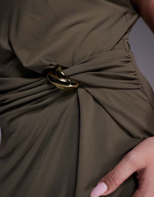 Forever New Curve asymmetric fallen shoulder midaxi dress in khaki, 2 of 4