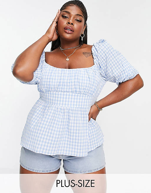Forever New Curve balloon sleeve top in blue gingham