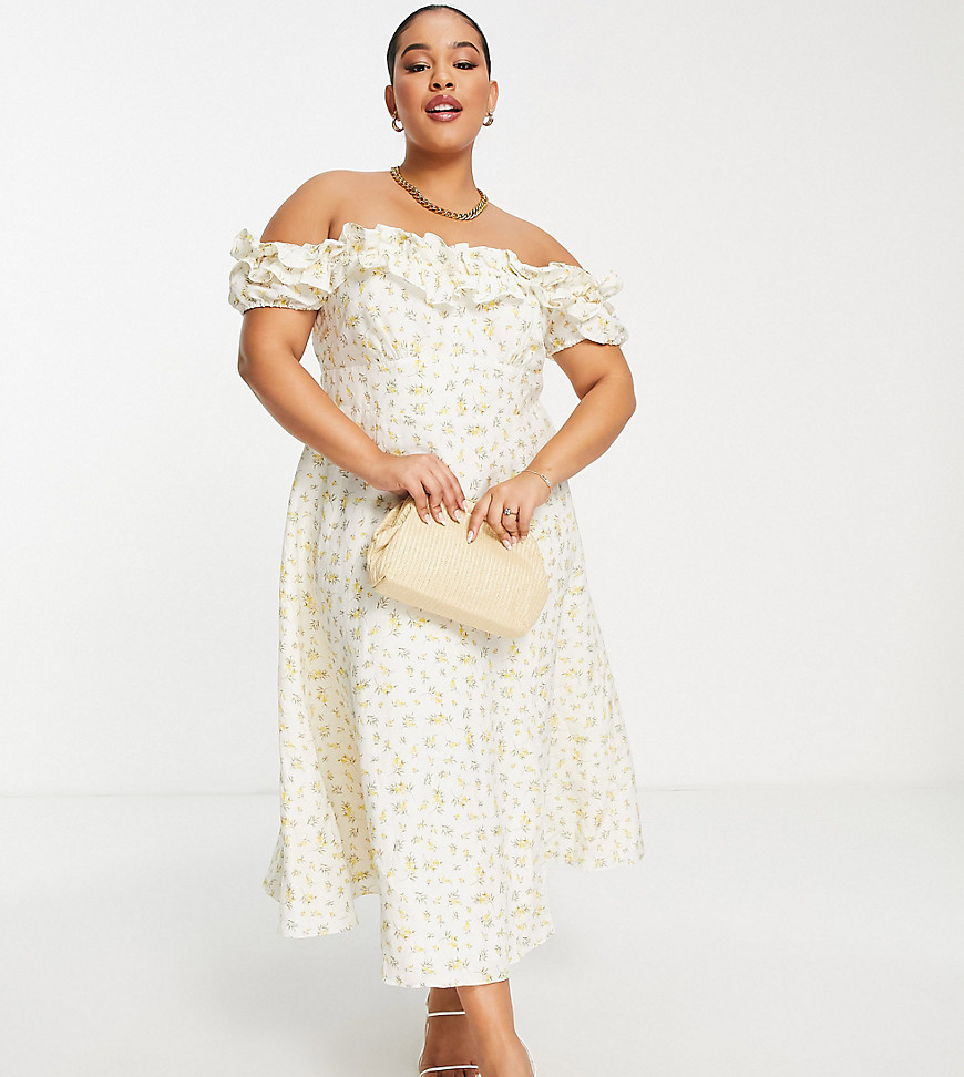 Plus-size dress by Forever New Love at first scroll Floral print Bardot neck Frill detail Zip-back fastening Regular fit