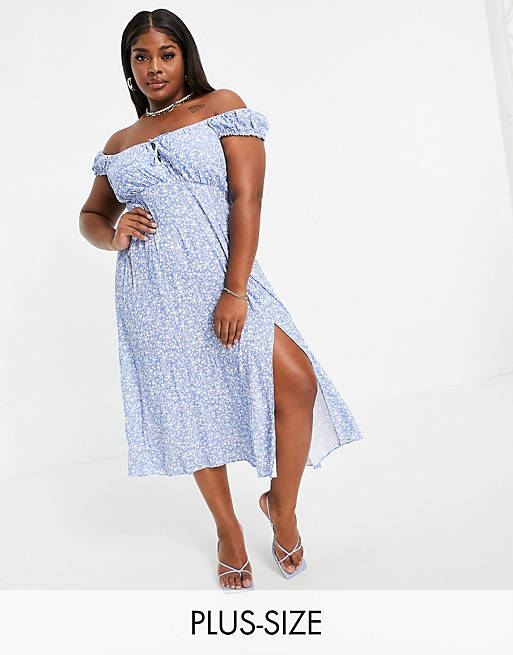 Forever New Curve bardot midi tea dress in blue ditsy floral