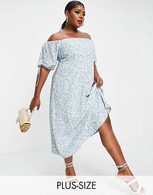 Forever New Curve bardot puff sleeve cut out midi dress in blue ditsy floral 