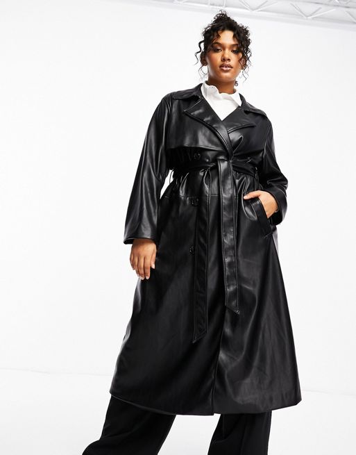 Forever New Curve belted PU maxi coat in black | ASOS