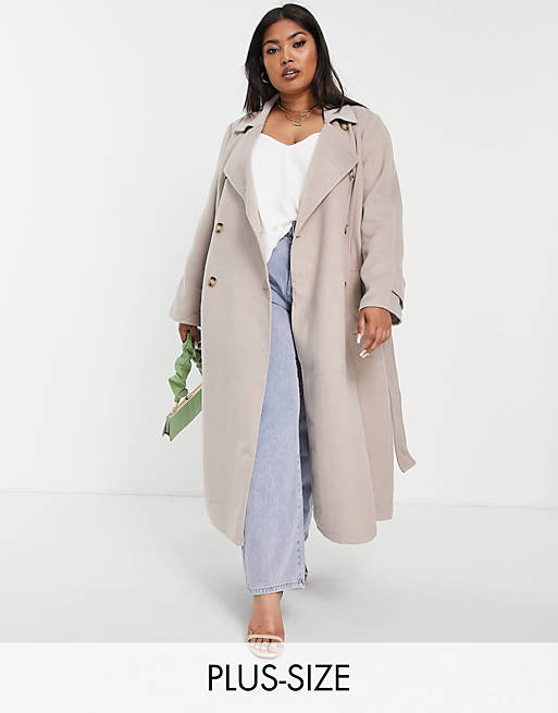 Forever New Curve belted trench coat with tortoise shell buttons in stone