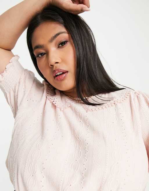 Forever New Curve - Blusa oversize in pizzo rosa cipria con colletto, 3 di 4