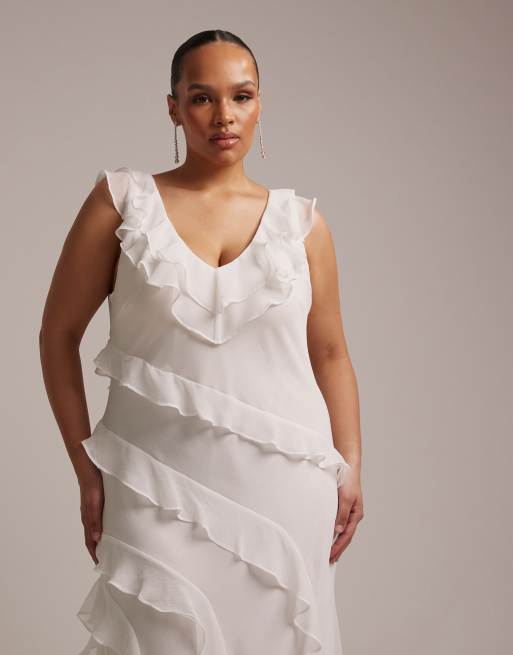 Forever New Curve Bridal chiffon ruffle detail maxi dress in ivory, 2 of 5