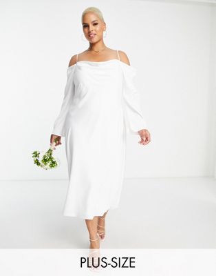 Forever New Curve Bridal cold shoulder cowl maxi dress with thigh split in ivory-White