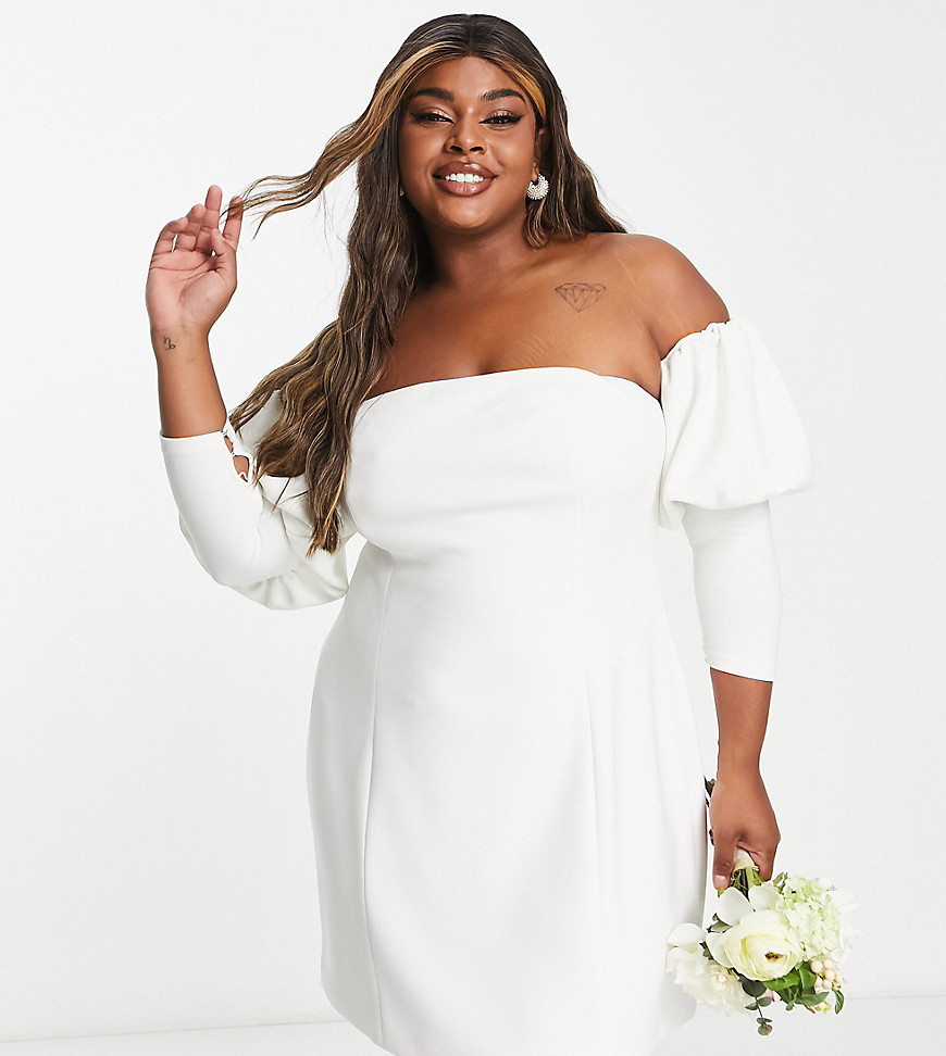 Dresses by Forever New Curve Marriage material Bardot neck Puff sleeves Zip-back fastening Regular fit