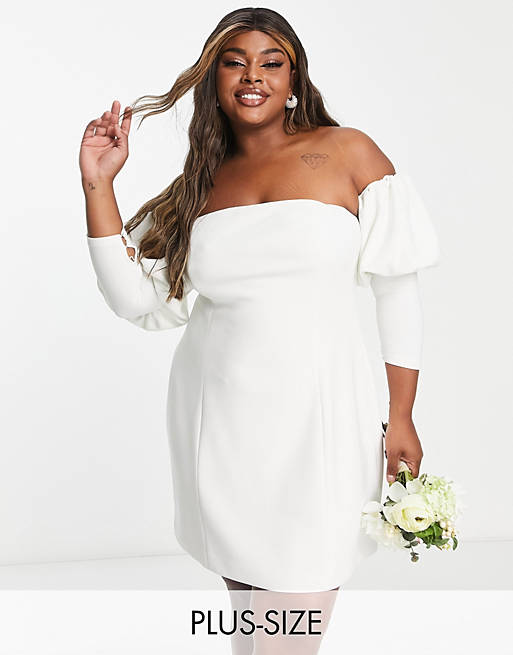 Forever New Curve Bridal structured puff sleeve mini dress in ivory