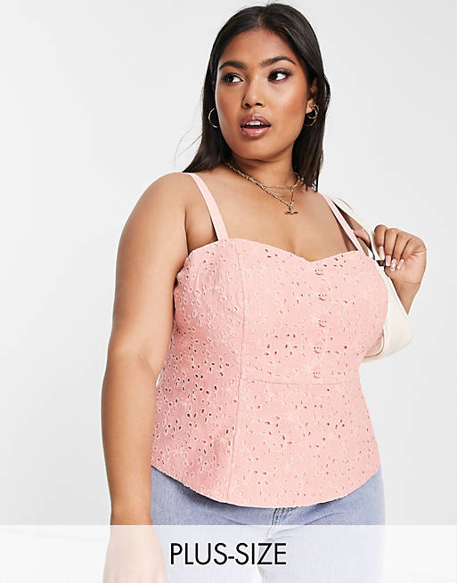 Forever New Curve button up broderie cami top in sun blush