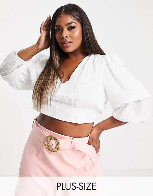 Forever New Curve button up tiered sleeve broderie crop top co-ord in white