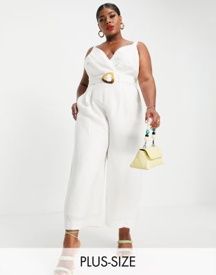 Forever New Curve cami wrap wide leg jumpsuit with tortoise shell buckle in white - ASOS Price Checker