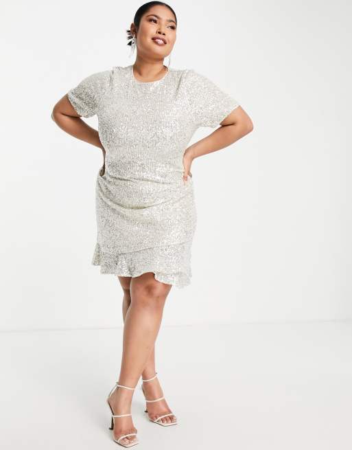 Forever New Curve cap sleeve frill hem sequin mini dress in silver, 3 of 4