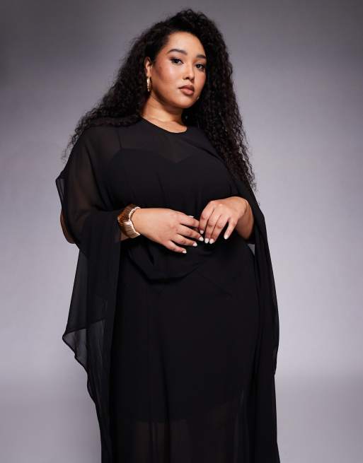 Forever New Curve cape sheer overlay cami maxi dress in black, 2 of 4