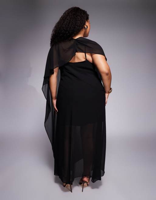Forever New Curve cape sheer overlay cami maxi dress in black, 3 of 4