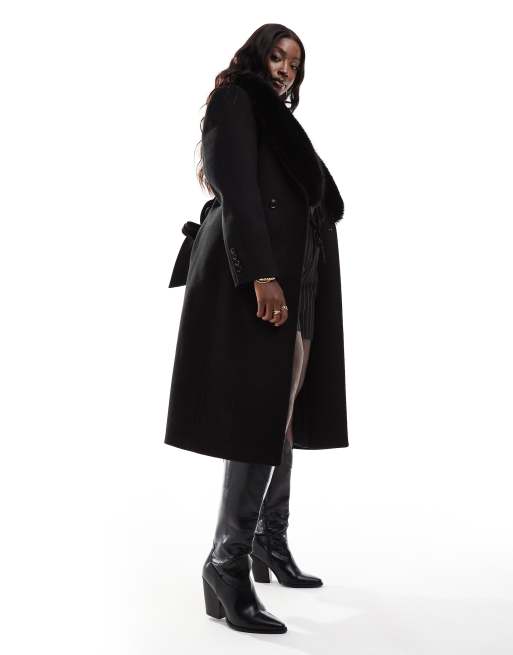 Forever New Curve - Cappotto nero con colletto in pelliccia sintetica, 2 di 4