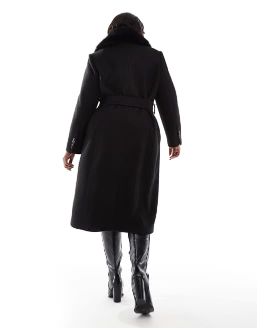 Forever New Curve - Cappotto nero con colletto in pelliccia sintetica, 4 di 4