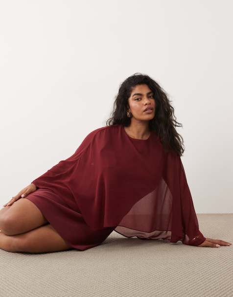 Forever New Curve chiffon cape detail mini dress in burgundy - view 1