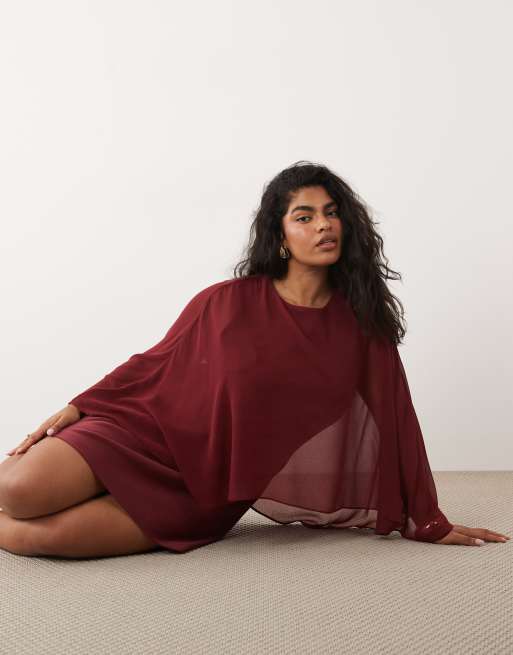 Forever New Curve chiffon cape detail mini dress in burgundy, 2 of 4
