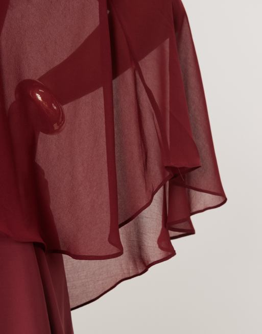 Forever New Curve chiffon cape detail mini dress in burgundy, 3 of 4