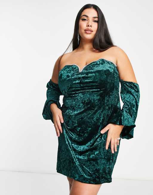 Forever New Curve diamante crushed velvet mini dress in emerald green | ASOS