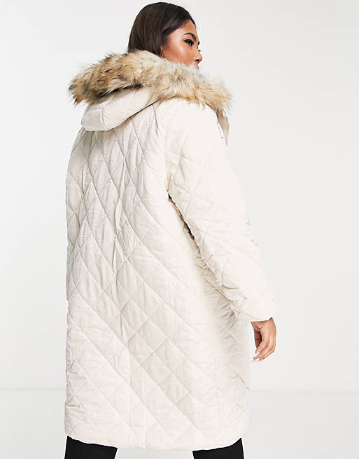 Women Forever New Curve diamond quilted puffer coat with faux fur hood trim in cream 