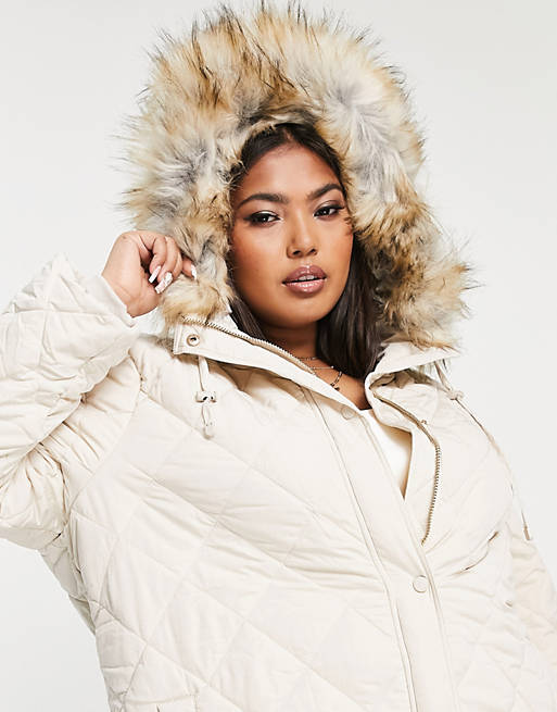 Women Forever New Curve diamond quilted puffer coat with faux fur hood trim in cream 