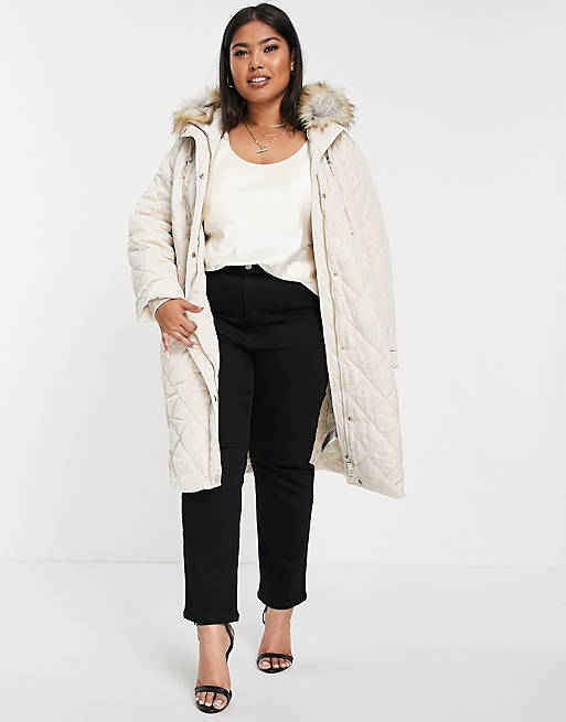 Forever New Curve Diamond Quilted, Puffer Coat With Fur Hood Plus Size