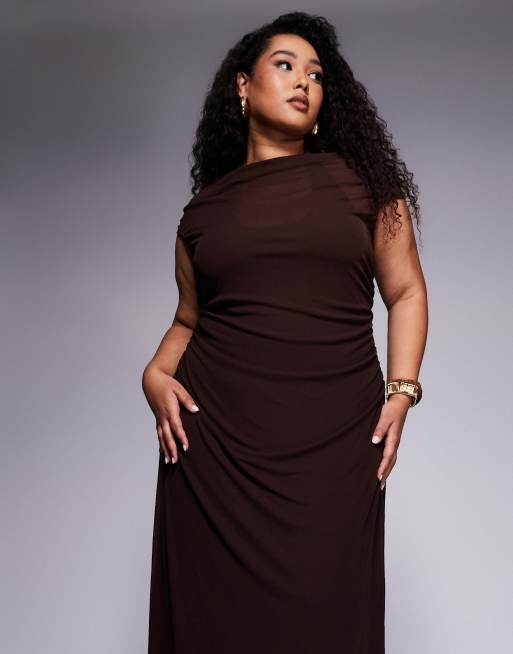 Forever New Curve - Dubbellaagse midaxi jurk van mesh in chocoladebruin, 4 van 4
