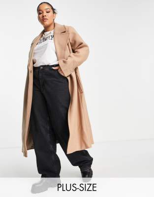 Forever New Curve wrap tie smart midi formal coat in camel - ASOS Price Checker