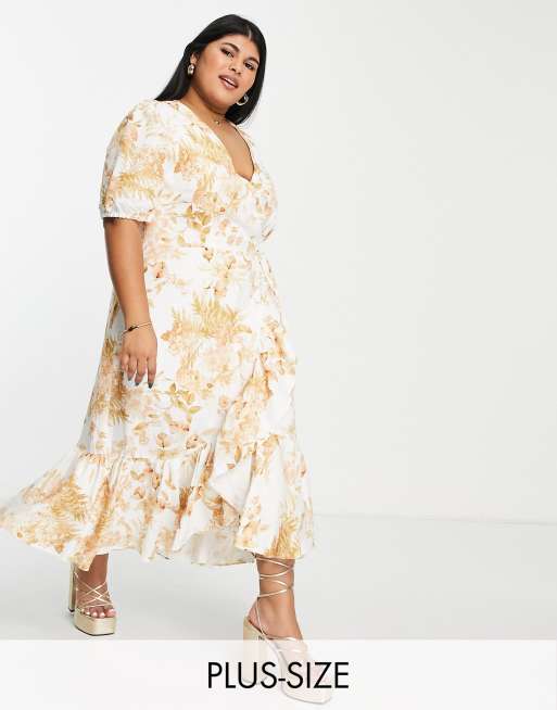 Forever New Curve – Elfenbensvit och guldfärgad, blommig midiklänning med omlottdesign och puffärmar