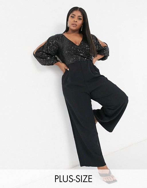 Forever New Curve embellished jumpsuit with plunge neck and open sleeve in black