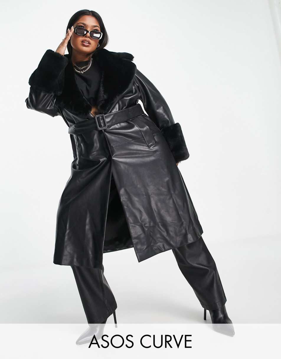 Forever New Curve faux fur belted PU coat in black