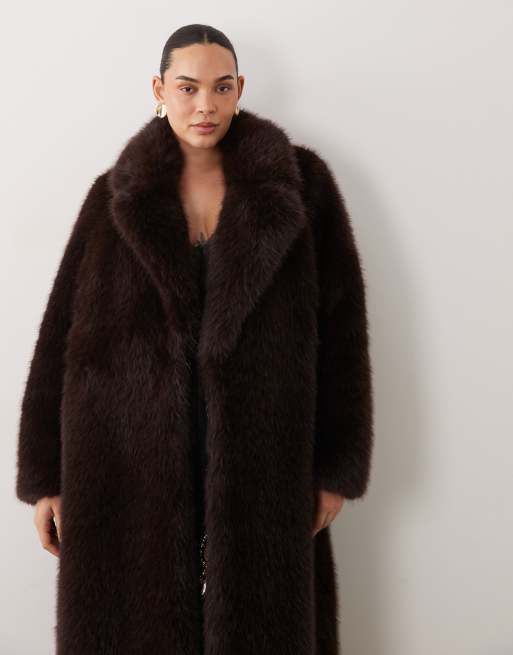 Forever New Curve faux fur long line coat in chocolate, 2 of 4