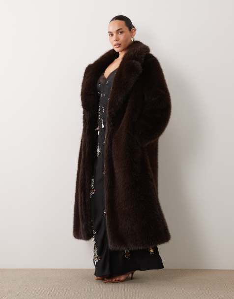 Forever New Curve faux fur longline coat in chocolate - view 1