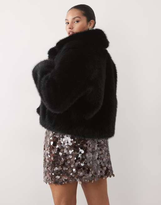 Forever New Curve faux fur revere collar short coat in black, 2 of 4