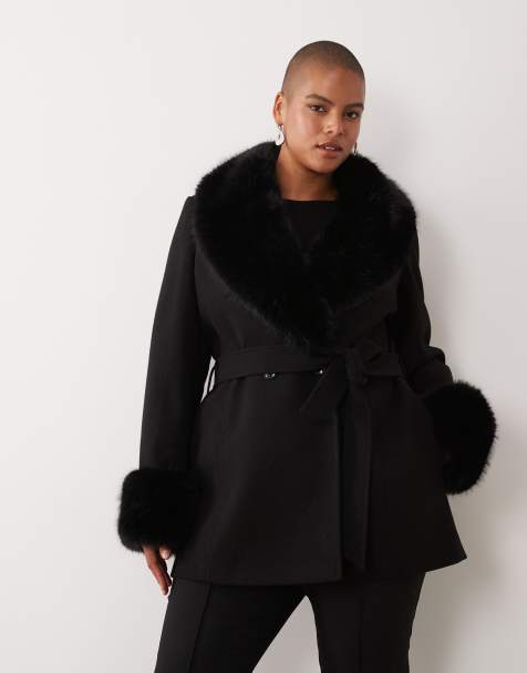 Forever New Curve faux fur trim belted short coat in black - view 1