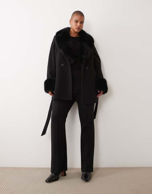 Forever New Curve faux fur trim belted short coat in black, 2 of 4