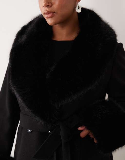 Forever New Curve faux fur trim belted short coat in black, 3 of 4