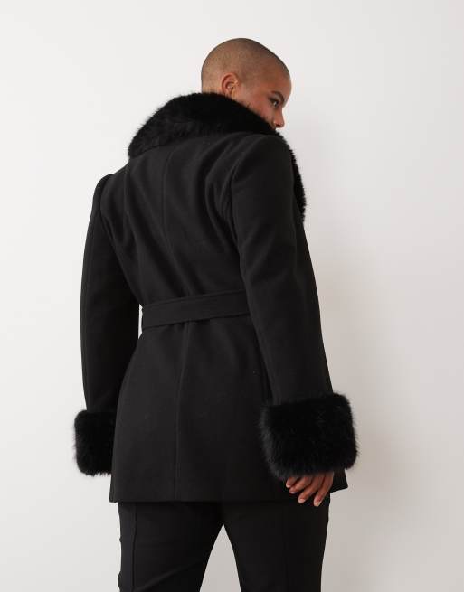 Forever New Curve faux fur trim belted short coat in black, 4 of 4