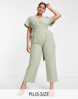 Forever New Curve flutter sleeve jumpsuit in soft khaki-Green