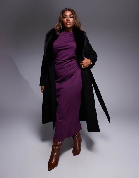 Forever New Curve formal belted longline detachable faux fur shawl collar coat in black - view 1