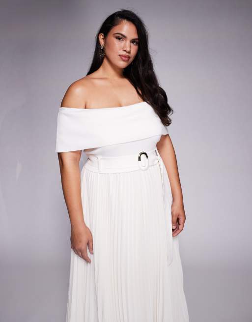 Forever New Curve - Gebreide maxi bardot-jurk met plooirok en riem in crème, 2 van 4