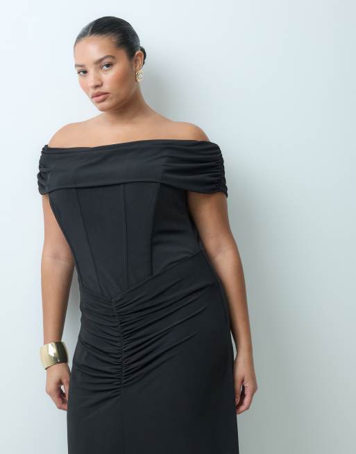 Forever New Curve gerafftes Bardot-Korsett-Maxikleid in Schwarz, 3 von 4