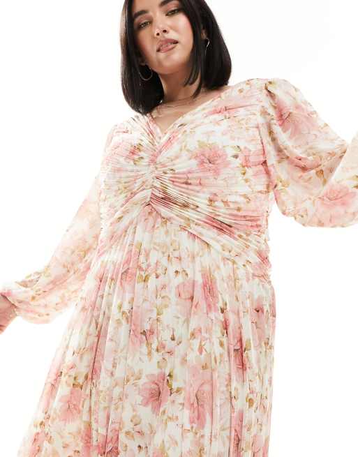 Forever New Curve – Gerafftes, plissiertes Midaxi-Kleid mit rosa Blumenmuster, 3 von 4