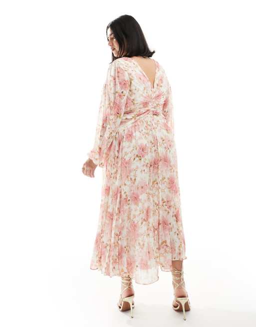 Forever New Curve – Gerafftes, plissiertes Midaxi-Kleid mit rosa Blumenmuster, 4 von 4
