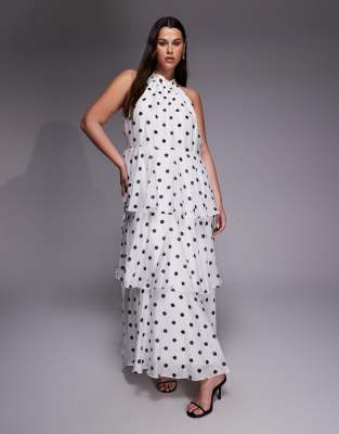 Forever New Curve - Gestuftes Midaxi-Kleid in Weiß mit Neckholder und Polka Dots