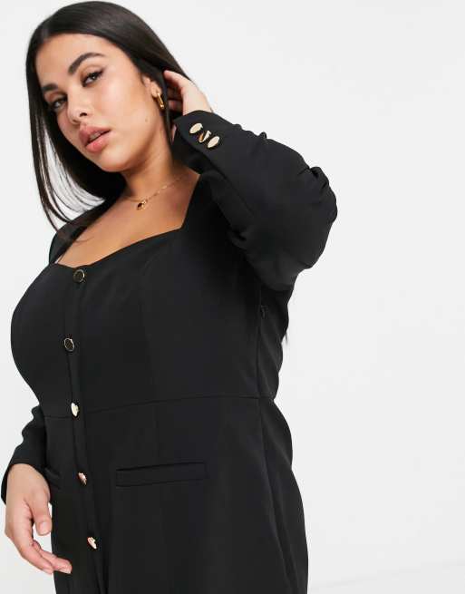 Forever New Curve gold button mini blazer dress in black, 3 of 4