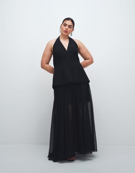 Forever New Curve halter neck godet maxi dress in black - view 1