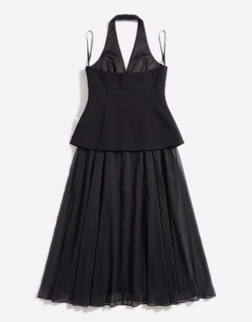 Forever New Curve halter neck godet maxi dress in black, 6 of 7